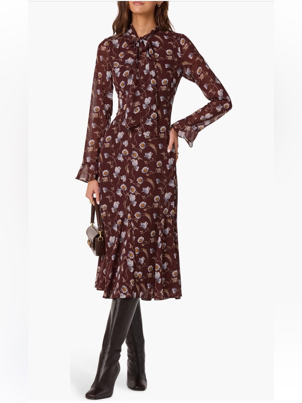 Astr Floral Tie Neck Long Sleeve Dress NWT